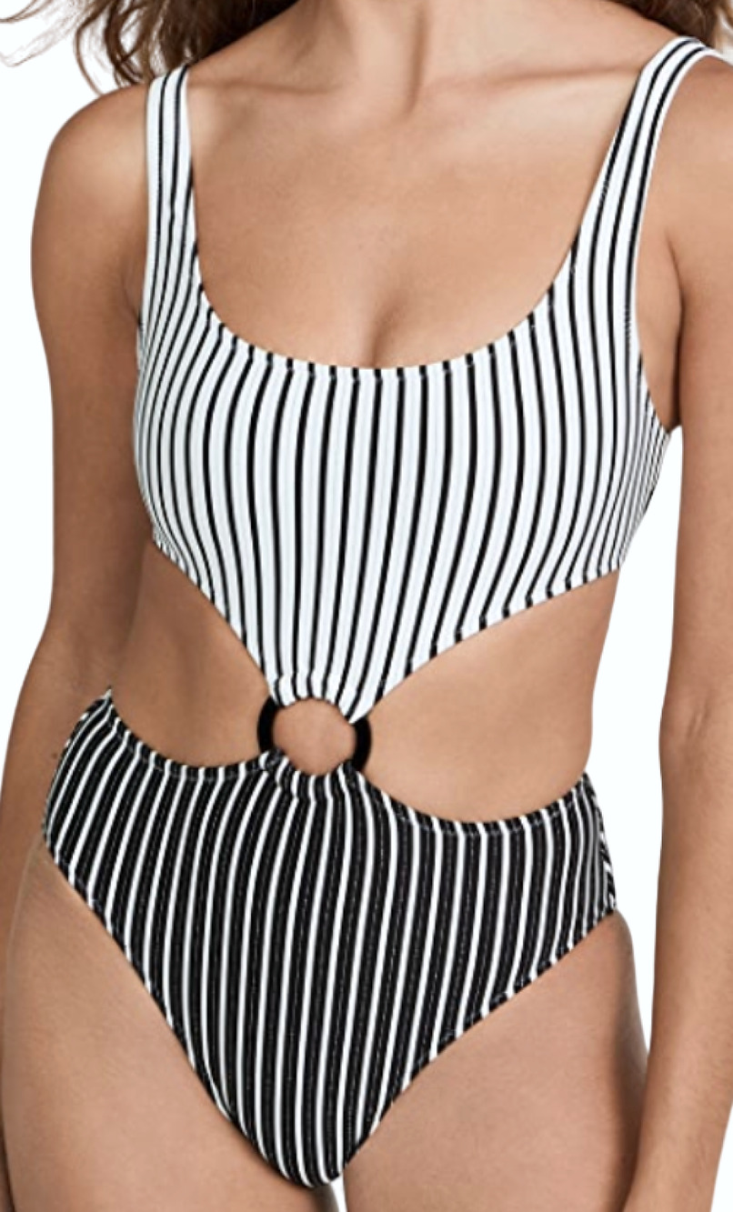 NEW SOLID & STRIPED BLACK WHITE STRIPE THE BAILEY O RING ONE PIECE SWIMSUIT SZ S